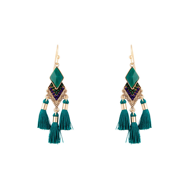Antique Gold Mini Green Tassel Earrings