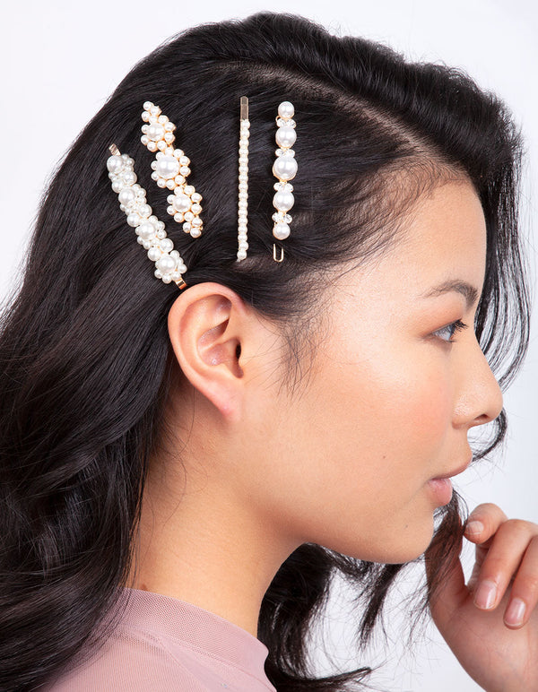 Gold Multi Pearl Diamante Hair Clip Pack