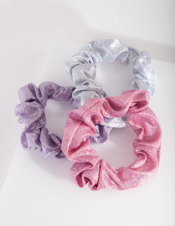 Kids Pink Purple Holographic Scrunchie Trio