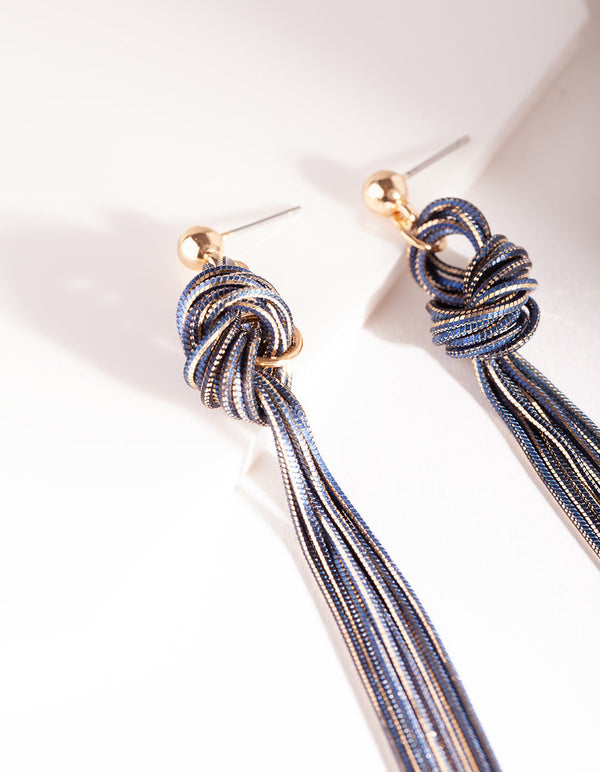 Gold and Dark Blue Metal Tassel Earrings
