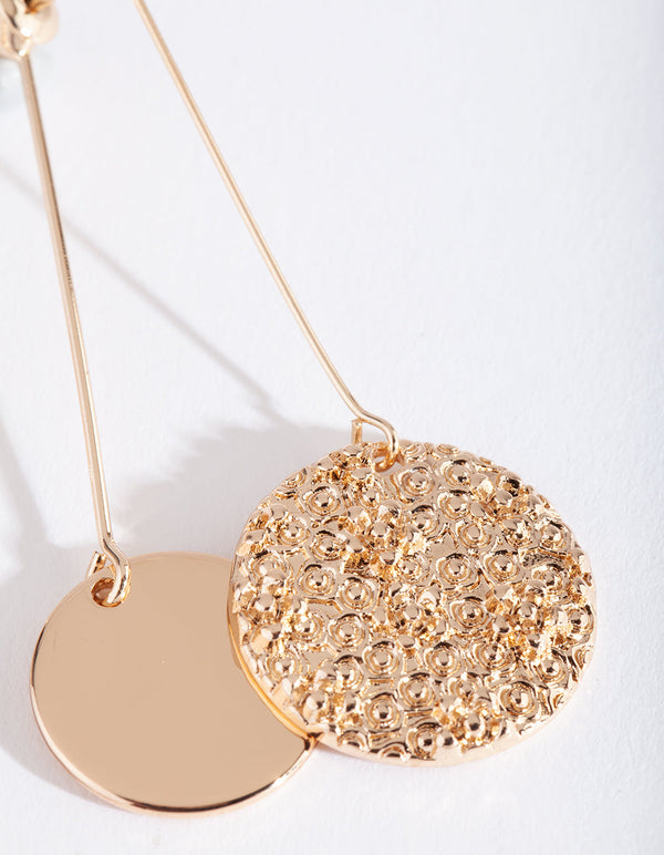 Gold Textured and Smooth Disc Drop Earrings