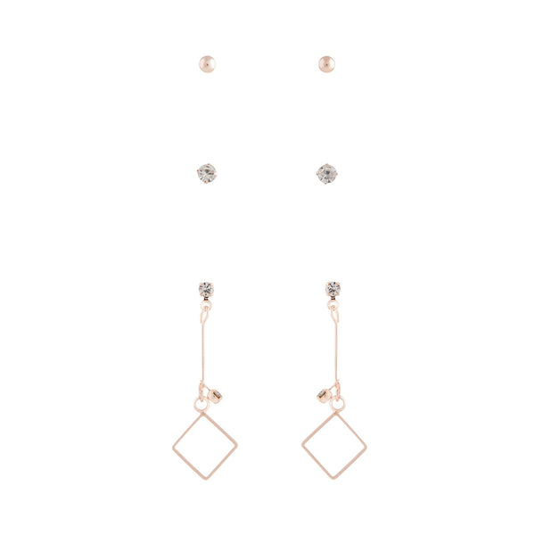 Rose Gold Dainty Crystal Stud Drop Earring 3 Pack