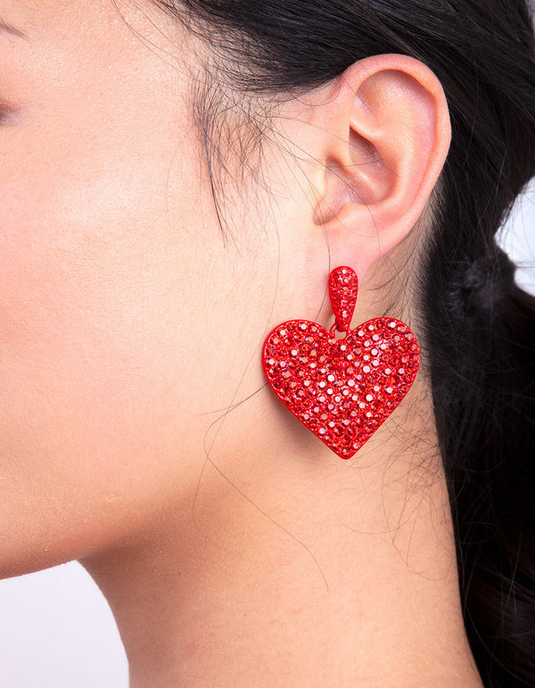 Red Diamante Statement Heart Earring