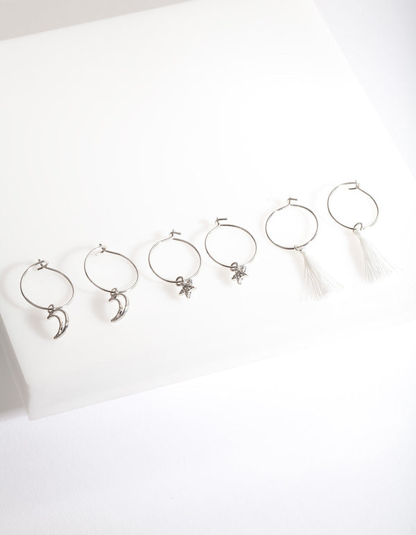 Silver Multi Charm Hoop Earrings