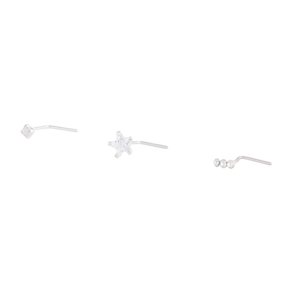 Sterling Silver Diamante Bar And Star Nose Stud Pack