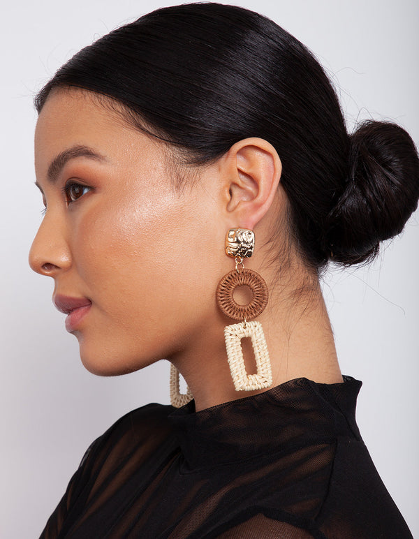 Gold and Brown Raffia Geometric Drop Earrings