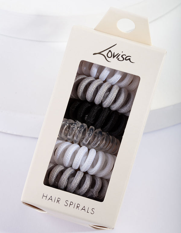 Front view of Black White Grey Hair Spiral 8 Pack