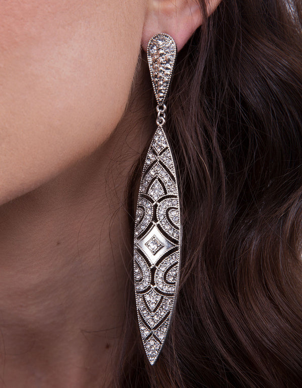Art Deco Shield Diamante Silver Drop Earring