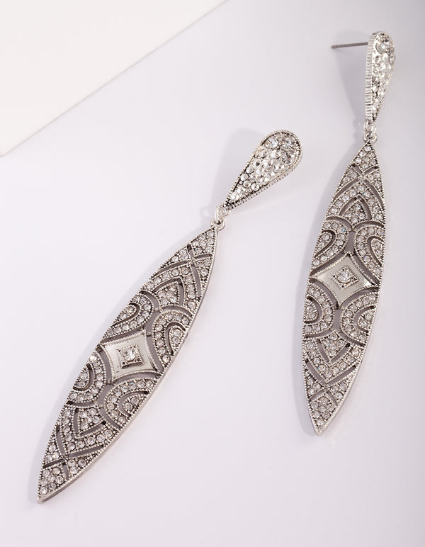 Art Deco Shield Diamante Silver Drop Earring