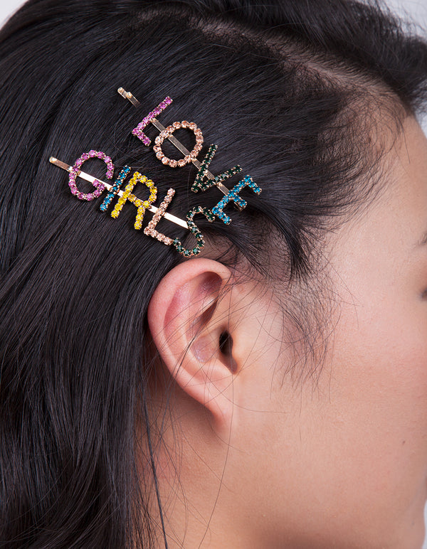 Rainbow Love Girls Diamante Hair Clip Pack