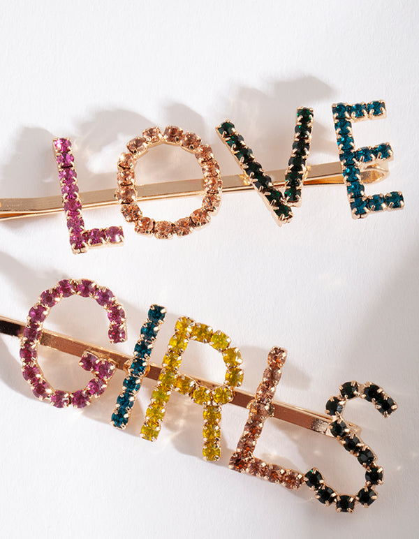 Rainbow Love Girls Diamante Hair Clip Pack