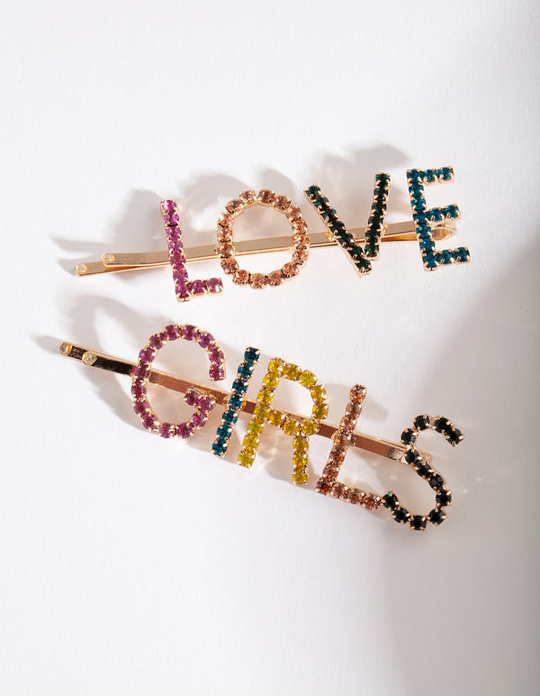 Rainbow Love Girls Diamante Hair Clip Pack