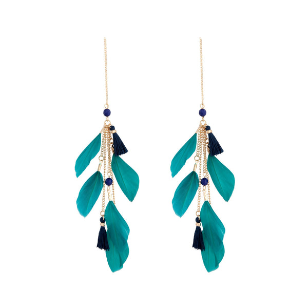 Blue Feather Tassel Thread Earrings