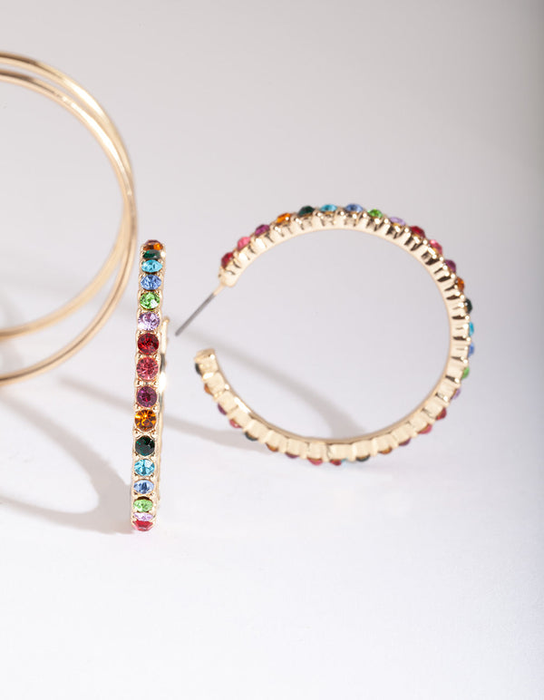 Gold Rainbow Diamante Hoop Earring Pack