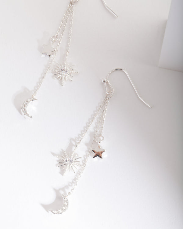 Silver Cubic Zirconia Celestial Chain Earrings