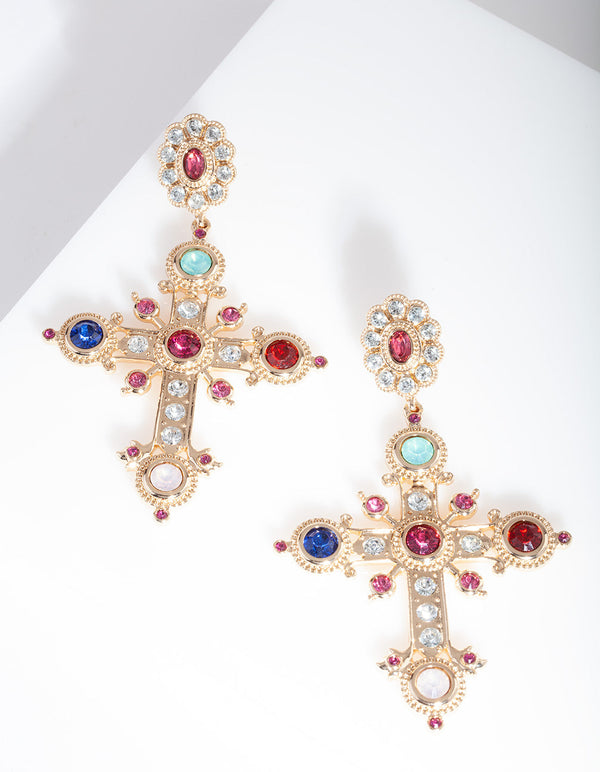 Gold Multi Gem Cross Earrings