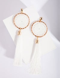Gold White Fabric Dreamcatcher Earrings - link has visual effect only