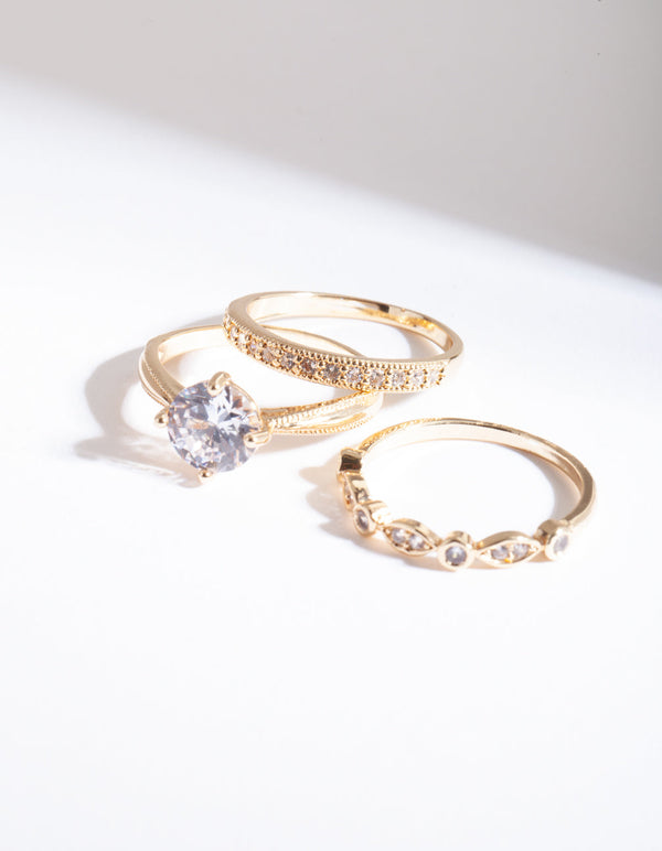 Gold Round Cubic Zirconia Ring Stack