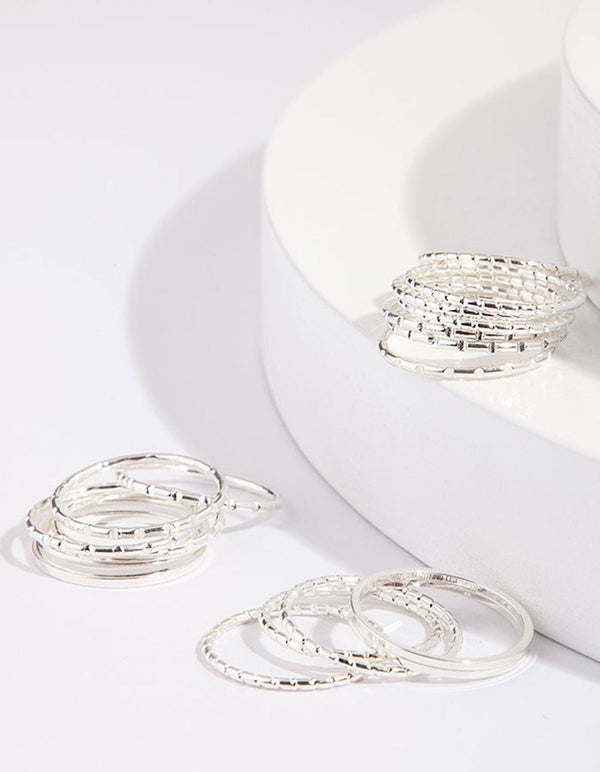 Silver Textured Fine Band Ring Pack
