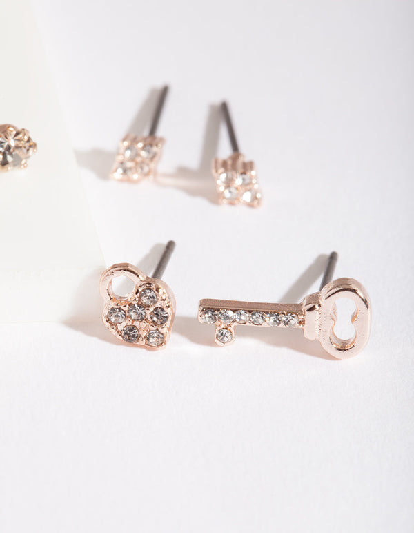Rose Gold Lock Key Earring 5 Pack