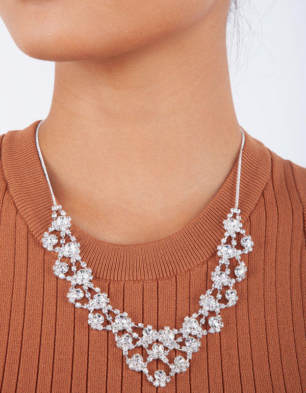 Rhodium Diamante V Shape Bib Necklace