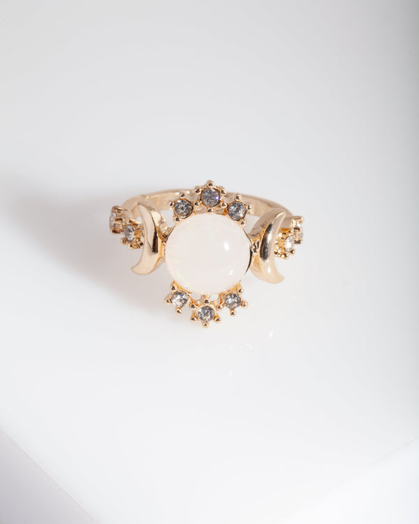Gold Synthetic Opal Moon Diamante Ring