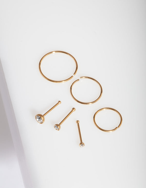 Gold Nose Stud & Hoop 6 Pack