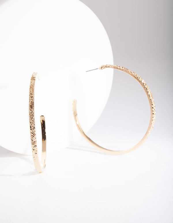 Gold Textured Thin Open Hoop Earrings