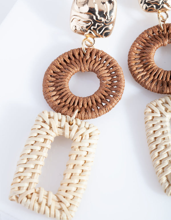 Gold and Brown Raffia Geometric Drop Earrings