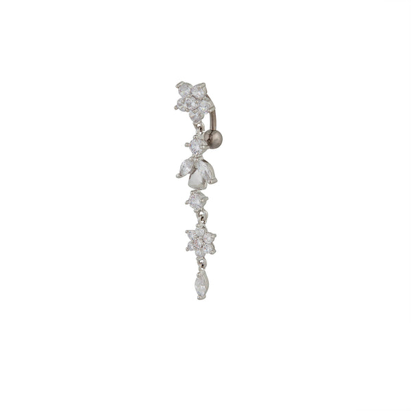 Silver Surgical Steel Cubic Zirconia Flower and Leaf Drop Belly Bar