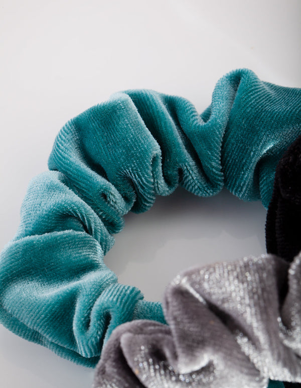 Kids Blue Grey Velvet Scrunchie Pack