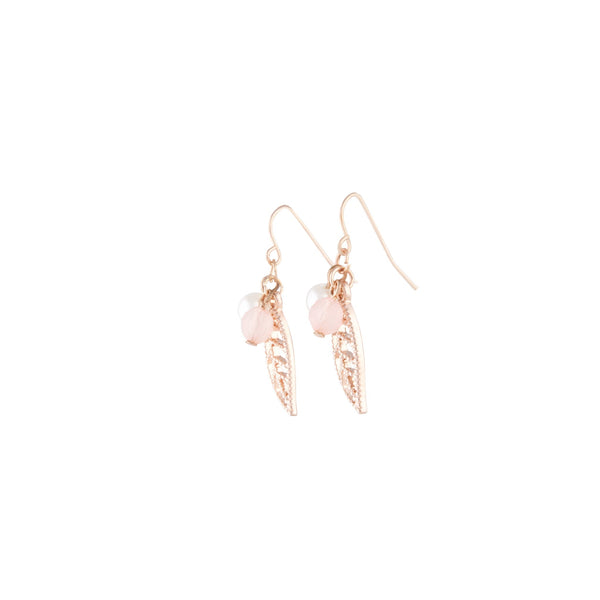 Rose Gold Pink Bead Leaf Drop Earrings