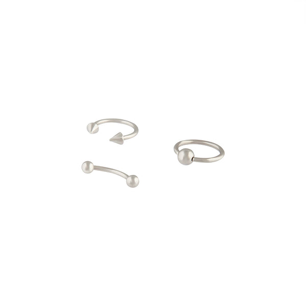 Surgical Steel Rhodium Spike Ring Barbell 3 Pack