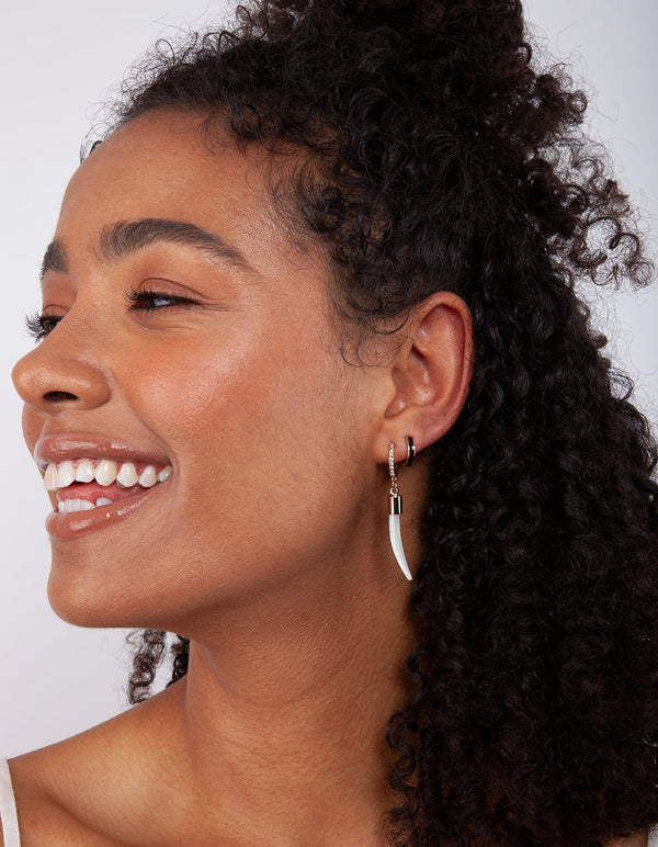 Silver Black Enamel Huggie Earrings