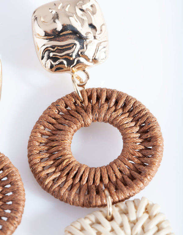 Gold and Brown Raffia Geometric Drop Earrings