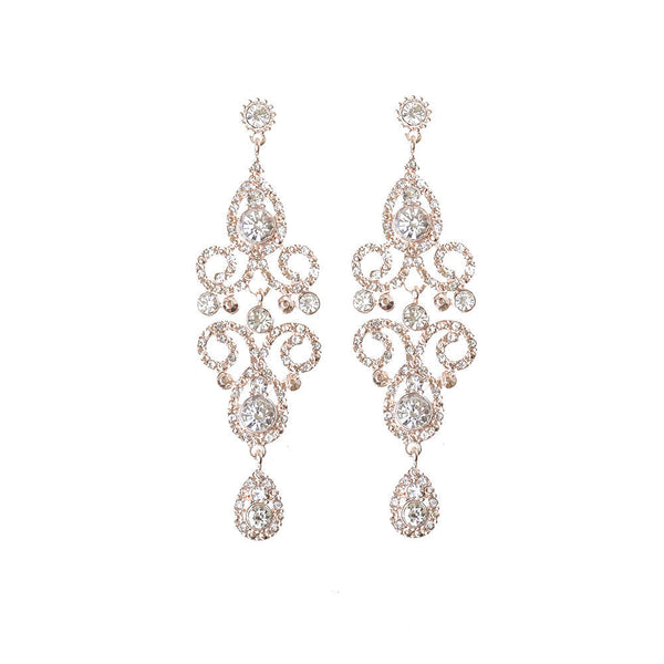 Rose Gold Crystal Bead Filigree Swirl Chandelier Earrings