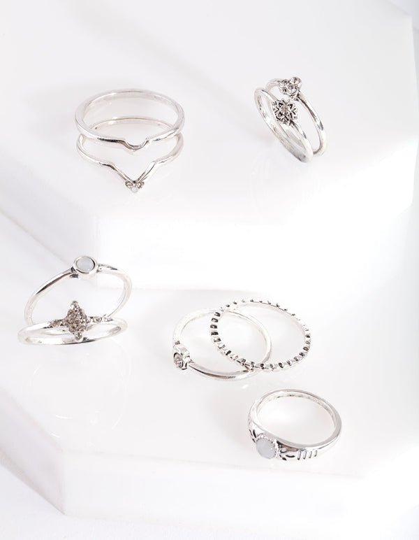 Diamante Silver Thin Ring 9 Pack
