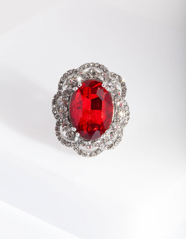 Rhodium Red Stone Statement Ring
