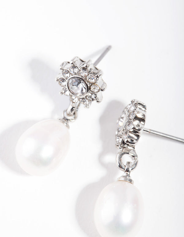 Rhodium Flower Pearl Drop Earrings