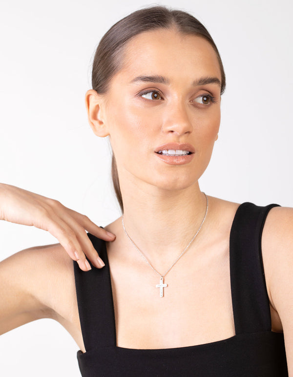 Silver Diamante Cross Pendant On Short Necklace