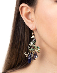 Jewelled Peacock Earrings In Burnished Gold - link has visual effect only