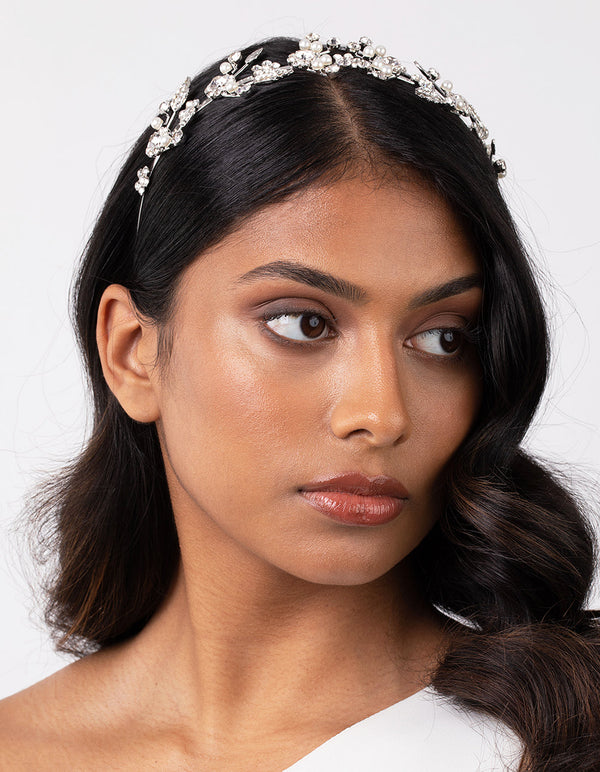 Silver Fine Floral Pearl Headband