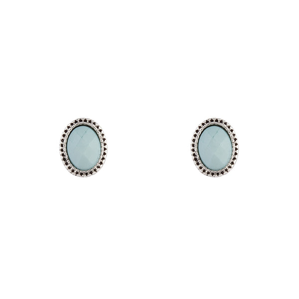 Antique Silver Blue Oval Stud Earrings