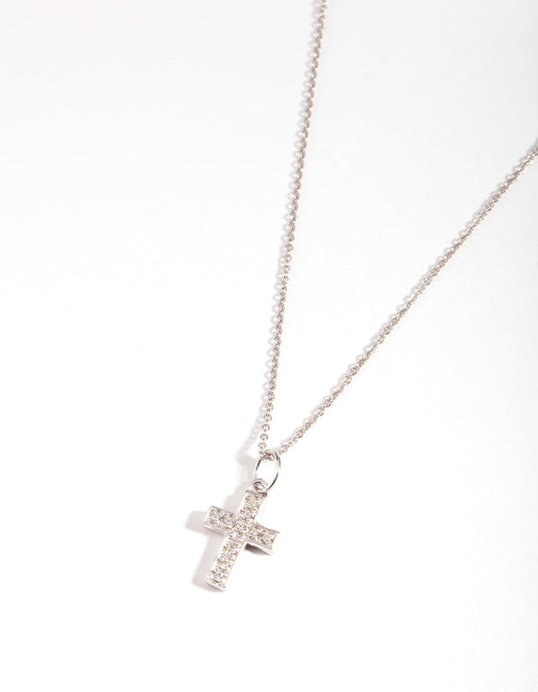 Sterling Silver Diamante Cross Pendant Necklace