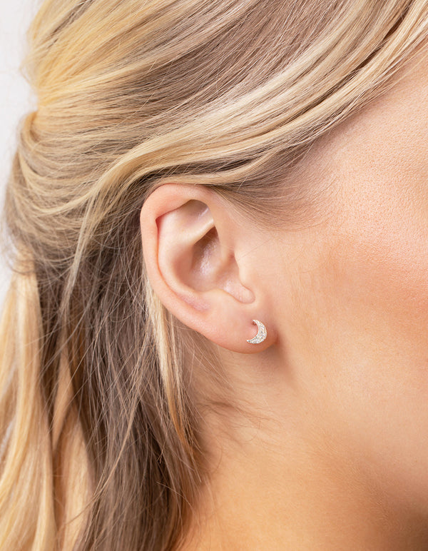 Sterling Silver Moon And Star Diamante Studs