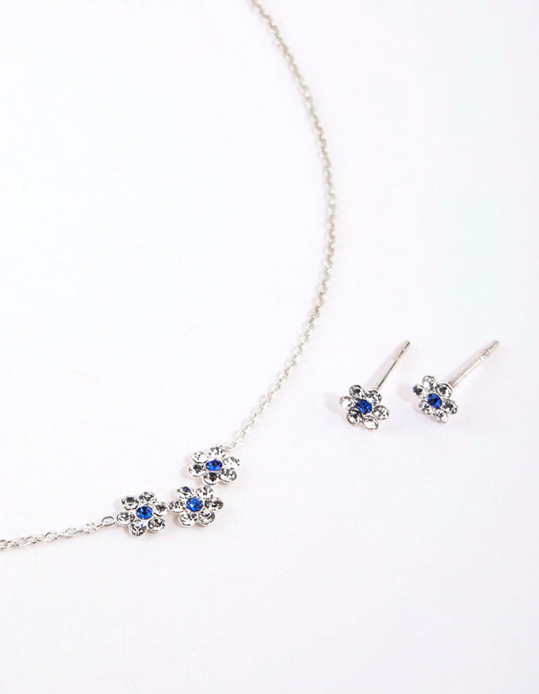 Sterling Silver Diamante Flower Necklace and Earrings Set