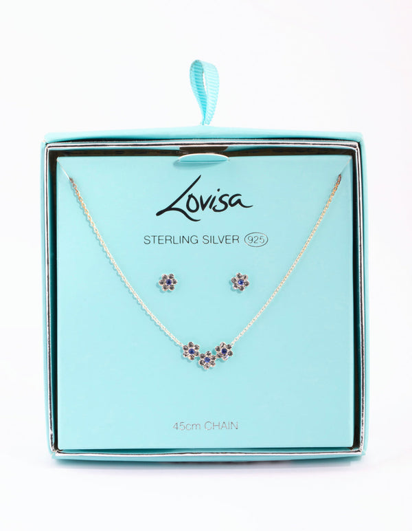 Sterling Silver Diamante Flower Necklace and Earrings Set