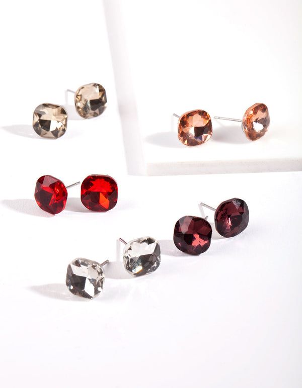 Rhodium Mini Vierkante Kristallen Oorknopjes 5-pack
