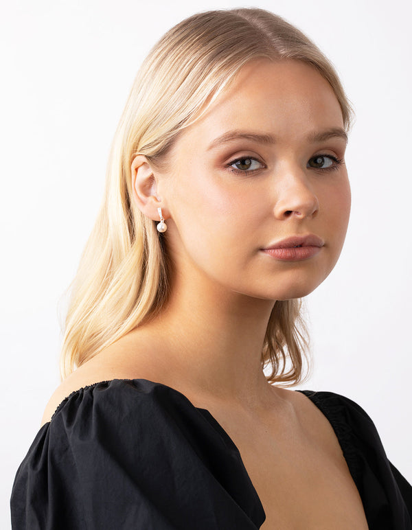 Sterling Silver Diamante Drop Pearl Earrings