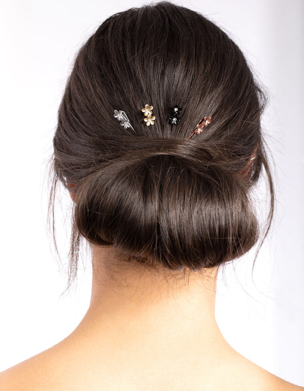 Mixed Metal Diamante Flower Pin 8 Pack